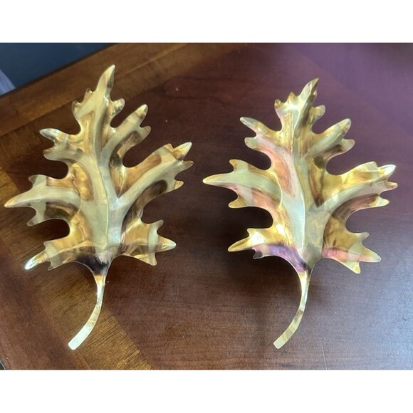 Vintage 1970s Brass Copper Oak Leaves Set of 2 Home Decor Metal Wall Art Boho - Picture 1 of 7